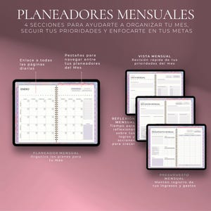 May include: Digital monthly planners displayed on tablets. The image shows a calendar view, a monthly view, a reflection section, and a budget section. Text in Spanish describes the planner's features, including organizing plans and tracking income.