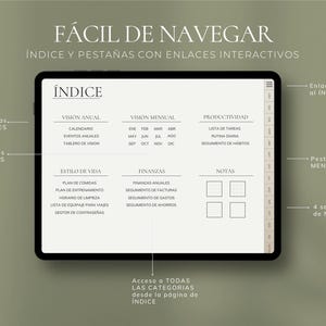 K&ouml;nnte beinhalten: Ein digitaler Planer mit wei&szlig;em Hintergrund und schwarzem Text. Der Planer ist in Abschnitte f&uuml;r j&auml;hrliche und monatliche Vision, Produktivit&auml;t, Finanzen, Lebensstil und Notizen unterteilt. Der Planer hat Registerkarten f&uuml;r jeden Abschnitt und ein Inhaltsverzeichnis.