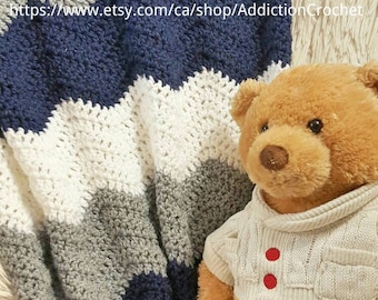 Handmade Blanket/Crochet Baby Blanket/Chevron Blanket/Navy Blue Blanket/Crib Blanket/Crochet Chevron/Baby Afghan/Throw Blanket