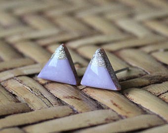 Resin Earrings, Triangle Resin Studs, Tiny Triangle Studs, Lavender Gold Studs, Triangle Earrings, Bridesmaid Gift Idea, Gold Tipped, Gift
