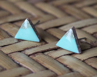 Resin Earrings, Triangle Resin Studs, Tiny Triangle Studs, Turquoise Gold Studs, Triangle Earrings, Bridesmaid Gift Idea, Gold Tipped, Gift
