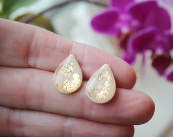 Nude Teardrop Earrings, Nude Clay Earrings, Gold Flakes Earrings, Teardrop Studs, Resin Earrings, Bridesmaid Gift Idea, Nickel Free Posts