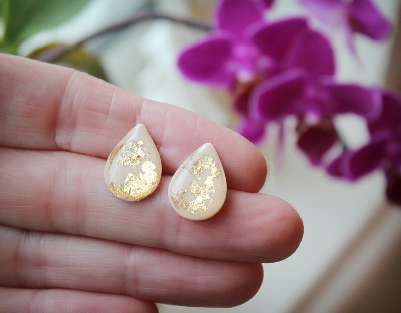 Nude Teardrop Earrings Nude Clay Earrings Gold Flakes Earrings Bridesmaid Gift Idea Nickel Free Posts Teardrop Studs Resin Earrings