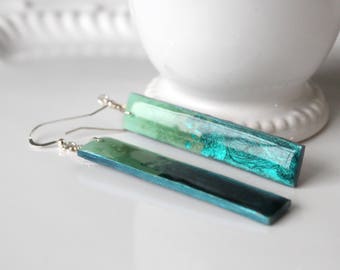 Resin Earrings, Hand Painted, Turquoise Ombre, Long Earrings, Dangle Earrings, Hand Painted Jewelry, Bridesmaid Gift Idea, Sterling Earrings