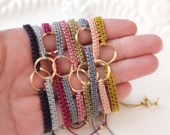 Macrame Bracelet, Karma Bracelet, Friendship Bracelet, Twisted Circle Link, Gold Plated Link, Adjustable Bracelet, Bridesmaid Gift Idea