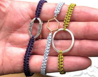 Macrame Bracelet, Friendship Bracelet, Hexagon Connector, Gold Plated Link, Silver Plated Link, Adjustable Bracelet, Bridesmaid Gift Idea