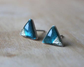 Resin Earrings, Triangle Resin Studs, Tiny Triangle Studs, Turquoise Gold Studs, Triangle Earrings, Bridesmaid Gift Idea, Gold Tipped, Gift