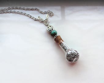 Glass Vial Necklace, Silver Glitter Vial, Vial Jewelry, Crushed Shards, Glass Vial, Glass Pendant, Silver Plated Chain, 32 Inch Necklace