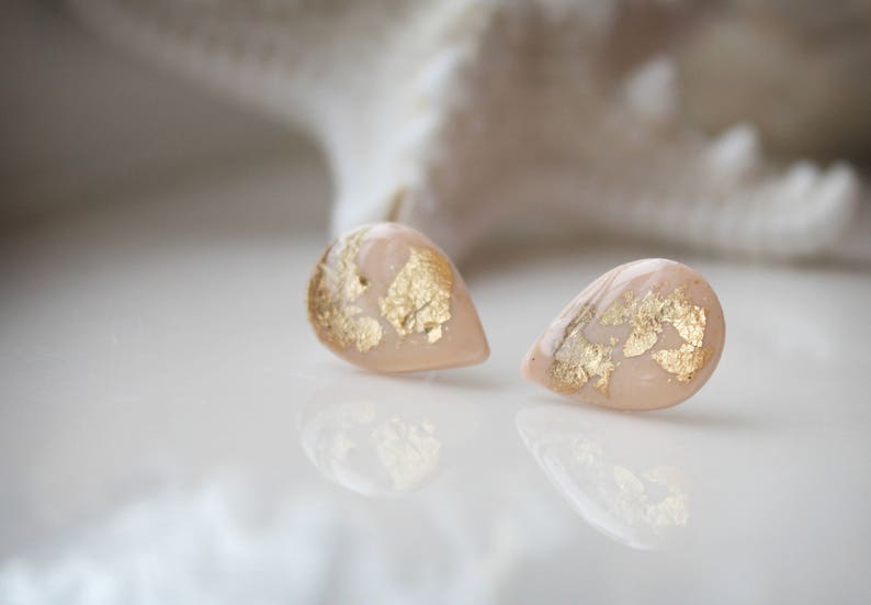 Nude Teardrop Earrings Nude Clay Earrings Gold Flakes Earrings Bridesmaid Gift Idea Nickel Free Posts Teardrop Studs Resin Earrings