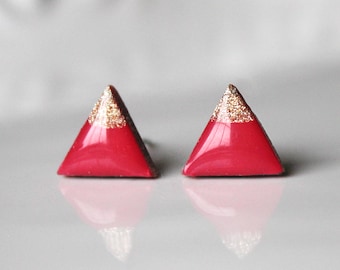 Resin Earrings, Triangle Resin Studs, Tiny Triangle Studs, Red Gold Studs, Triangle Earrings, Bridesmaid Gift Idea, Gold Tipped, Gift