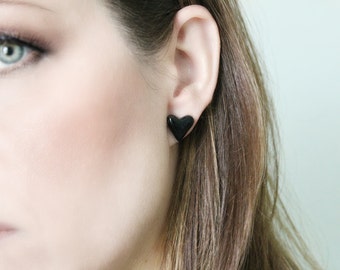 Black Glitter Heart Resin Stud Earrings - Hypo-Allergenic Posts, Black Glitter Resin, Little Black Glitter Earrings, Bridesmaid Gift Idea