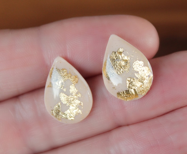Nude Teardrop Earrings Nude Clay Earrings Gold Flakes Earrings Bridesmaid Gift Idea Nickel Free Posts Teardrop Studs Resin Earrings
