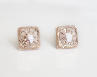 Champagne Glitter Square Resin Stud Earrings - Silver Plated Posts, Gold Glitter, Nude Polymer Clay Earrings, Square Gold Glitter Studs