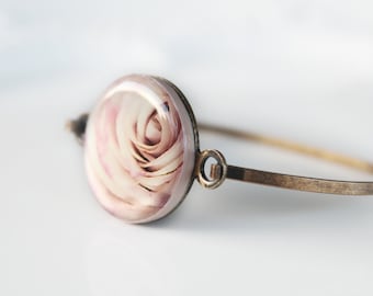 Bangle Bracelet, Rose Jewelry, Resin Photo Jewelry, Pink Rose Photo, Antique Brass, Statement Bangle, Rose Bangle, Pink, Peach, Rose, Gift