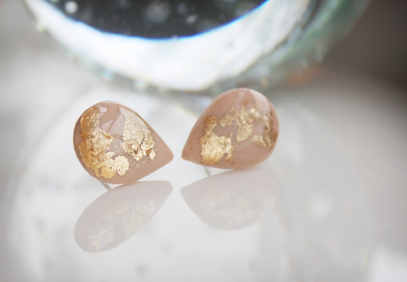 Nude Teardrop Earrings Nude Clay Earrings Gold Flakes Earrings Bridesmaid Gift Idea Nickel Free Posts Teardrop Studs Resin Earrings