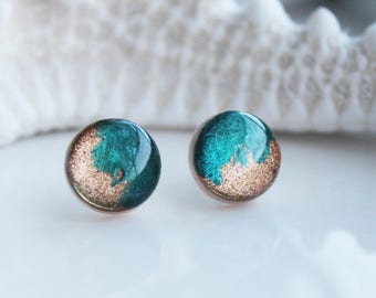 Round Resin Earrings, Hand Painted, Earrings, Turquoise Copper, 13 mm Round Studs, Unique Earrings, Bridesmaid Gift Idea, Wearable Art