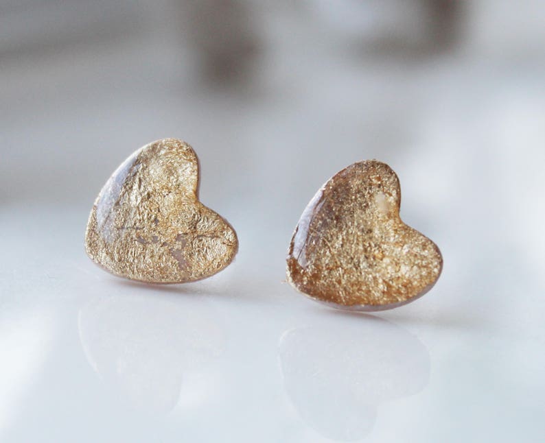 Resin Earrings, Resin Heart Studs, Gold Flake Earrings, Gold Flake