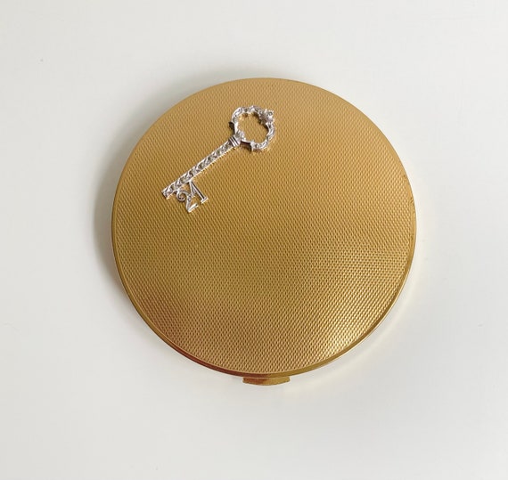 Vintage Emrich Powder Compact: Gold-Tone Metal, Marcasite 21st Birthday Key, 1950s