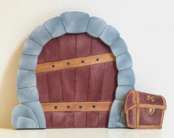 Hand Painted Wooden Fairy Door with Treasure Chest: Child Room Decor