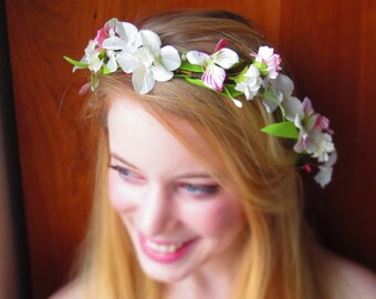 Ivory, Pink and Green Hydrangea, Silk flower crown, Bohemian Wedding accessories, Boho Bridal flower floral halo, Woodland wedding headpiece
