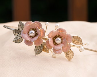 Pale pink and Gilded gold leaves Headband - Special occasion Hair accessory