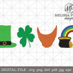 以下が含まれることがあります： セントパトリックデーをテーマにしたデジタルカットファイル5点セット。セットには、緑の妖精の帽子、四つ葉のクローバー、赤いひげ、金の壺、虹が含まれています。
