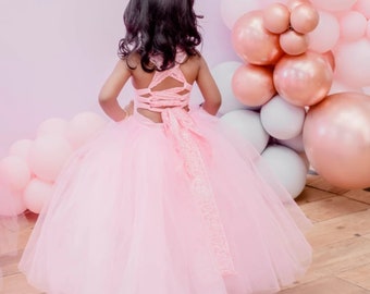 Soft pink long tutu dress for special occasions - Flower girl gown - First birthday outfit for girls