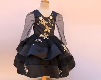 Black and gold puffy dress for toddler - Black flower girl dress - Baby black fancy dress - Black pageant dress - Black dress for wedding