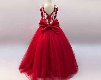 Red princess dress with ivory lace and rhinestones - Red flower girl dress - Special occasion party dress