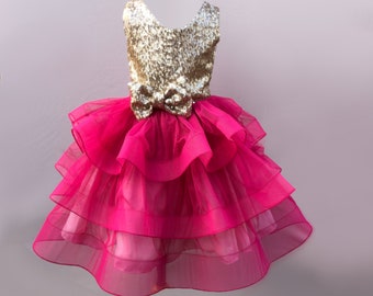 Hot pink and gold sequin tutu dress for girls - Flamingo pink princess dress - Fuchsia pink party dress