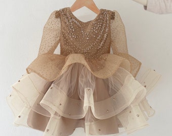 First birthday tutu dress - Baby wedding gown - Gold shimmer fancy dress - Formal couture tutu dress for toddlers