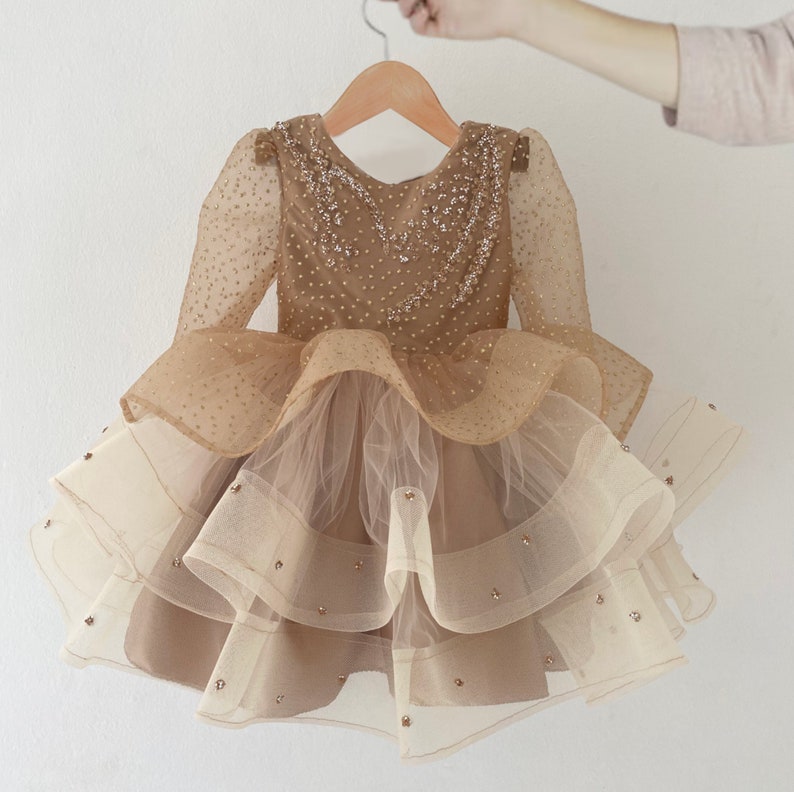 First birthday tutu dress Baby wedding gown Gold shimmer fancy dress Formal couture tutu dress for toddlers zdjęcie 1