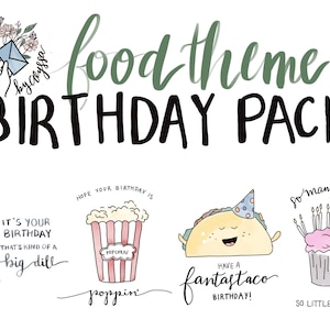 Birthday Card 4-Pack, Food-Themed Puns (Pickle, Popcorn, Taco & Cupcake)