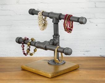 2-Tier Idustrial Pipe Jewelry Display Rack with Wooden Base