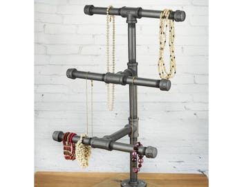 3-Tier Idustrial Pipe Jewelry Display Rack with Wood Base