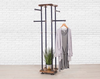 Industrial Pipe Clothing Rack | Cedar Wood Shelf | Walkaround Clothing Display | 4 Way Clothes Display | Tradeshow Clothing Rack Display