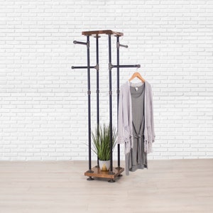 Industrial Pipe Clothing Rack Cedar Wood Shelf Walkaround Clothing Display 4 Way Clothes Display Tradeshow Clothing Rack Display image 1