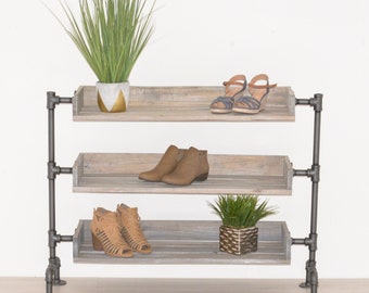 Industrial Pipe and Wood Shoe Rack | Shoe Organizer | Free Standing Shoe Rack | Shoe Storage | Wood Shelving Display | FAST FREE SHIPPING