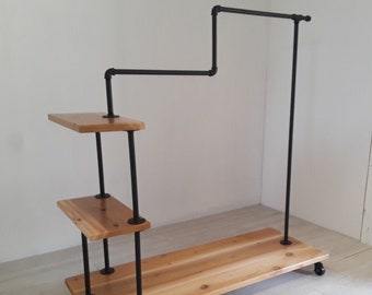 Industrial Style Clothing Rack on Wheels with Pipe and Wood Shelves