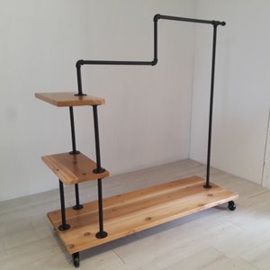 Industrial Style Clothing Rack on Wheels with Pipe and Wood Shelves