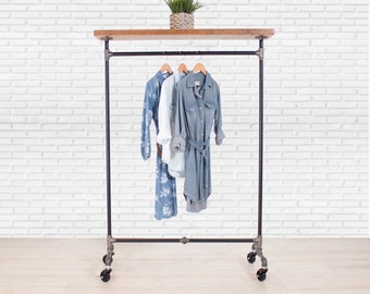 Industrial Pipe Rolling Clothing Rack with Black Metal and Solid Wood Shelf on Wheels