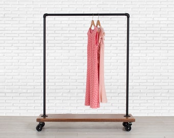 Industrial Pipe Rolling Clothing Rack with Solid Wood Shelf on Wheels