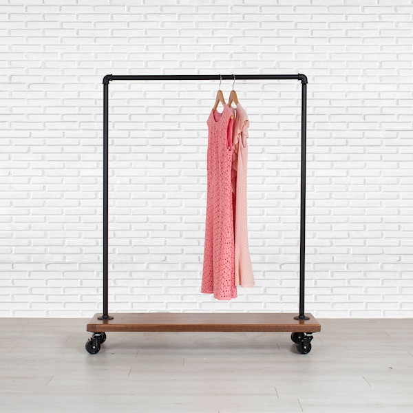 Industrial Pipe Rolling Clothing Rack with Solid Wood Shelf on Wheels