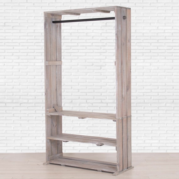 Wooden Clothes Rack With Shelves Clothing Storage Closet Organizer Wood And Pipe Garment Shoe Distressed Crate Display