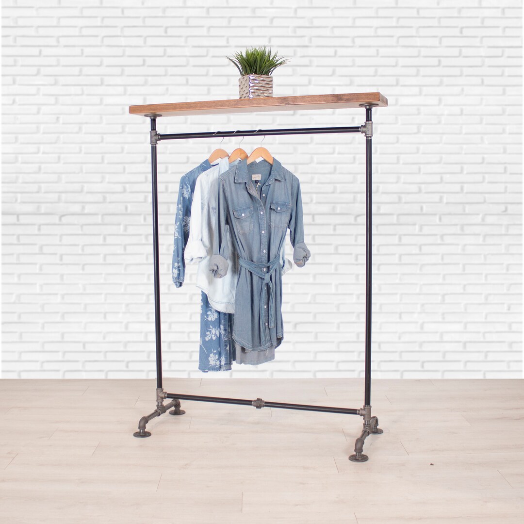 Industrial Pipe Clothing Rack With Top Shelf Storage and Organization