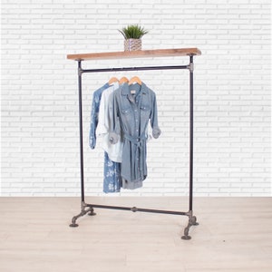 Industrial Pipe Clothing Rack with Top Shelf | Storage and Organization | Cedar Wood with Black Pipe