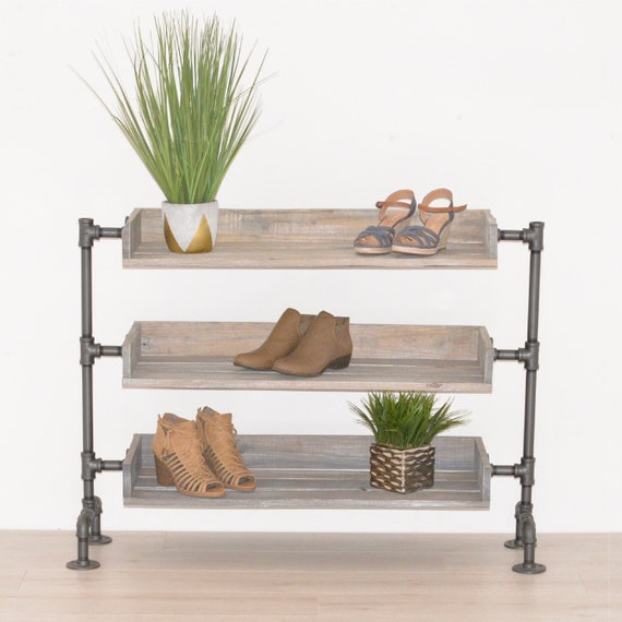 Industrial Pipe and Wood Shoe Rack Shoe Organizer Free Standing Shoe Rack  Shoe Storage Wood Shelving Display FAST FREE SHIPPING 