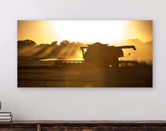 Farm wall art, panoramic wheat harvest canvas print, John Deere photo, farm life wall decor, American agriculture photography, country life