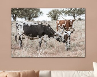Longhorn art large canvas print, Texas longhorn cows photo for modern farmhouse or barndominium decor, Texas style reclaimed wood frames