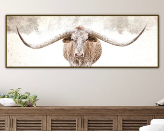 Panoramic Texas longhorn canvas, western decor cow photo art in sepia, panorama farmhouse art for dining room, living room or bedroom wall